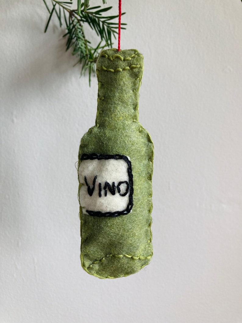 Wine Bottle Ornament Recycled Felt Hand Embroidery Valentine Gift Stocking Stuffer Pinot Noir Cabernet Sauvignon Merlot Rioja Red Wine Lover image 1