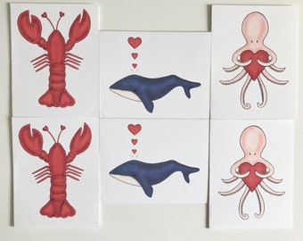 For the Love of the Ocean 6 Pack Notecards  / Lobster / Whale / Octopus / Nautical Style / Coastal Decor / Hand Illustrated / Marine