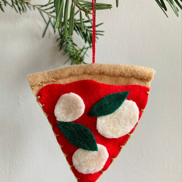 Felt Pizza Ornament, Recycled Felt Hand Embroidery Valentines Gift Christmas Stocking Stuffer Italian Food Margherita Pepperoni Red Sauce