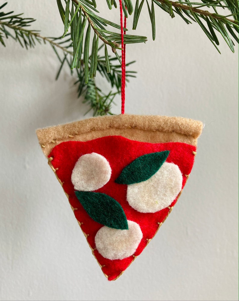 Felt Pizza Ornament, Recycled Felt Hand Embroidery Valentines Gift Christmas Stocking Stuffer Italian Food Margherita Pepperoni Red Sauce image 1