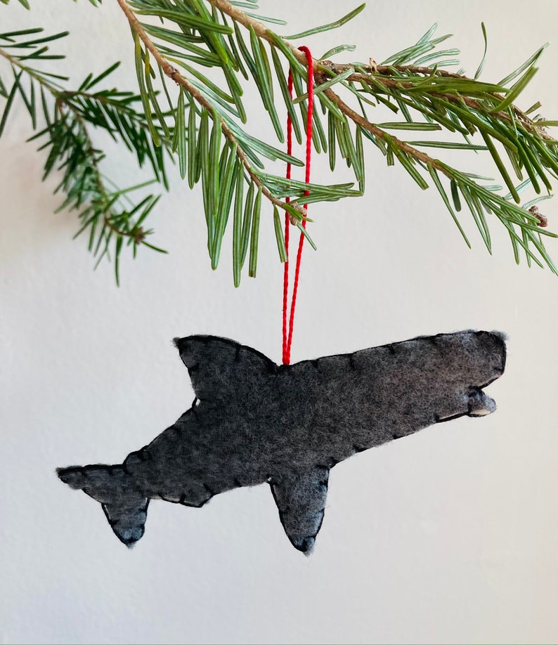 Shark Ornament, Nautical Style, Recycled Felt Hand Embroidery Coastal Decor Hand Crafted Valentine Gift Maine Massachusetts Great White Jaw image 2