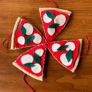 Felt Pizza Ornament, Recycled Felt Hand Embroidery Valentines Gift Christmas Stocking Stuffer Italian Food Margherita Pepperoni Red Sauce image 3