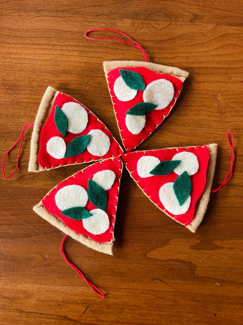 Felt Pizza Ornament, Recycled Felt Hand Embroidery Valentines Gift Christmas Stocking Stuffer Italian Food Margherita Pepperoni Red Sauce image 3