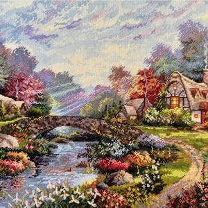 Springtime Glory Cross Stitch Kit | Merejka K-233 | 30x38 cm | Aida Zweigart Ice-Blue + DMC Threads