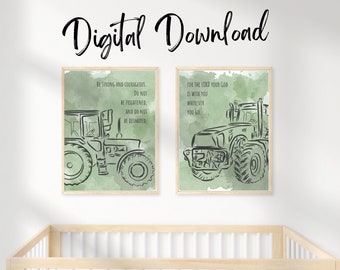 Farm Boy Room Prints | Set of 2 Boys Nursery | Tractor Nursery Decor | Tractor Wall Decor | Bible Verse Boys Room | Bible Verse Wall Prints