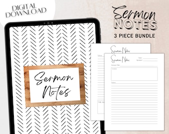 May include: Digital download of sermon notes. The image shows a tablet with a black and white chevron pattern and a wooden frame with the words "Sermon Notes." Three white pages with "Sermon Notes" are also visible.