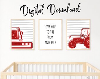 Stampe per la cameretta di un bambino in stile fattoria / Set di 3 stampe da parete per bambini / Decorazioni per la cameretta a tema fattoria / Decorazioni murali con trattori / Decorazioni per la cameretta con trattori / Cameretta per bambini a tema fattoria e mais