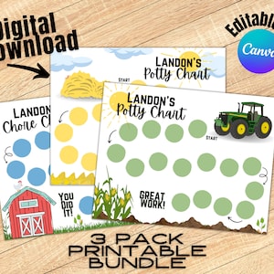 May include: Three printable charts for a child's potty training. Each chart features a different theme: a farm, a tractor, and a field of corn. The charts are editable in Canva and include the text "LANDON'S Potty Chart".