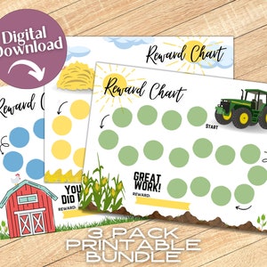 Farm Reward Chart Bundle, afdrukbare digitale download peuterwerkbladen, Boy Tractor Reward Chart, peuterstickergrafiek
