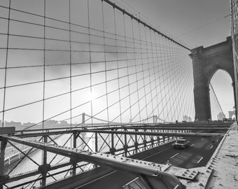 Klassieke auto canvas: 1966 Ford Thunderbird zwart-wit fotografie-Brooklyn Bridge vintage kunst, Automotive decor-retro muur print-East River