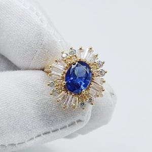 Victoria Blue Sapphire Ring: 14K Gold Vermeil Art Deco Engagement
