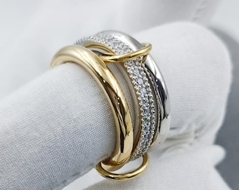 Anello multi-maglia in oro massiccio 14K: fascia dell'eternità con diamanti