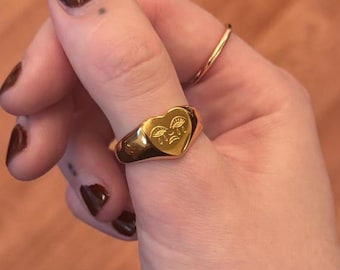 Crying Heart Ring, Sad Face Signet Ring, Gold Plated Heart Ring
