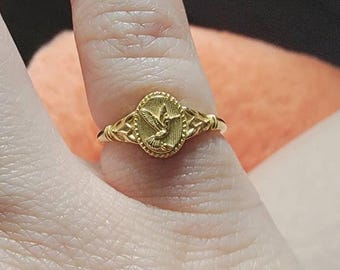 Gold Kolibri Ring, Sterling Silber Siegelring, Boho Vogel Schmuck