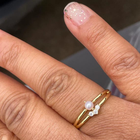 Pearl Ring Set, Dainty Pearl Ring, Gold Pearl Ring, Stacking Ring