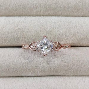 Princess Cut Moissanite Rose Gold Engagement Ring: Dainty Twist Bridal Ring