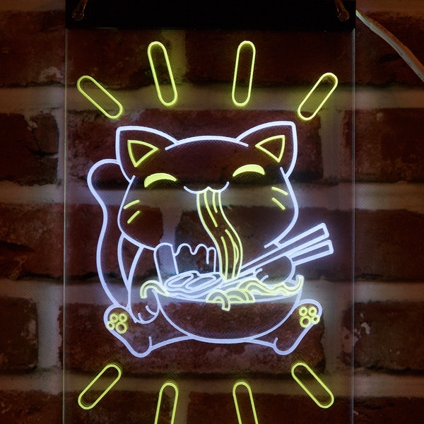 Ramen Cat Neon | Ramen Neon Sign | Dual RGB Color Sign | Hologram Light | Ramen Decor | Sitting Cat Design