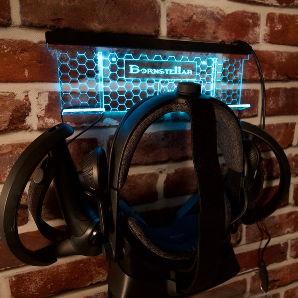 VR Headset Wall-Mount | Light Up Personalized Gamertag | Oculus Quest/Valve Index/PSVR/Vive | Hex Design