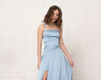 Prom dress with a slit in blue bell. Flare satin slip dress with a slit. Bridesmaids slip dress. Open back slip dress.