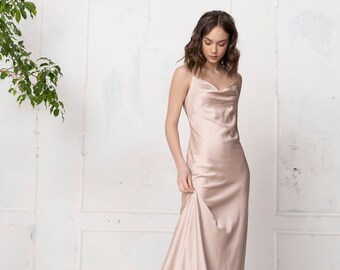 Bridesmaids champagne slip dress. Cocktail  satin slip dress. Prom sexy slip dress.  Cowl neck dress. Bridesmaids Dress.