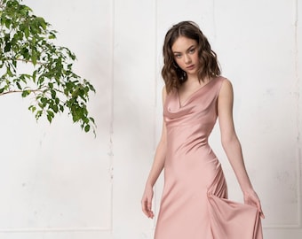 Bridesmaids silk dress.Simple wedding dress.Long slip dusty rose dress.Bridesmaids maxi dress.Cowl neck prom dress.Reception wedding dress.