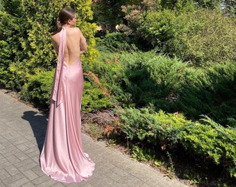 Simple halter wedding dess for Special Occasion Elopement dress with low back Bridesmaid dress Dress for reception with halter neck and slit