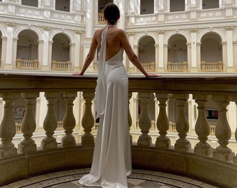 Simple halter wedding ivory dress. Open back satin slip dress for reception. Summer wedding dress with a halter neck.