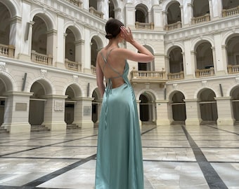 Simple wedding dress with open back. Open back satin slip dress for reception. Summer wedding dress with a slit.