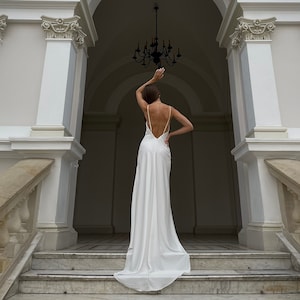 Simple wedding slip dress with cowl neck in ivory Open back satin slip dress for reception with a slit Prom dress with open back