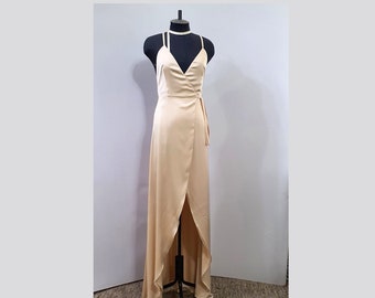 Prom sexy slip wrap  dress with open back. Champagne bridesmaids wrap dress V neckline. Maxi Dress for Reception