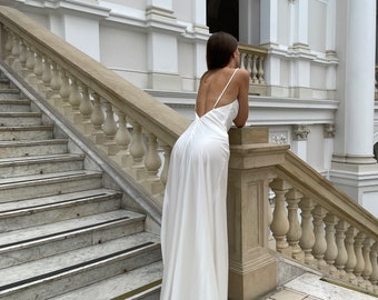 Simple wedding slip dress with cowl neck in ivory Backless satin slip dress for reception with a slit Prom dress with open back Bridesmaids