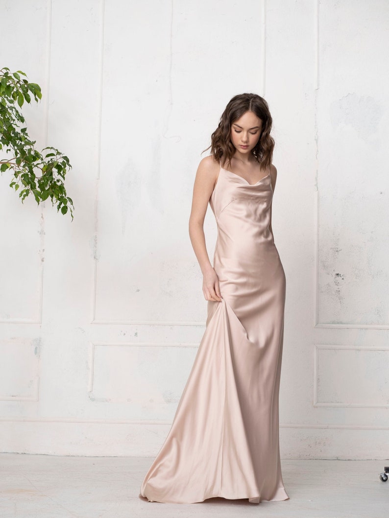 Bridesmaids champagne slip dress. Cocktail satin slip dress. Prom sexy slip dress. Cowl neck dress. Bridesmaids Dress. image 1