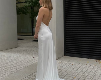 Einfaches Hochzeitskleid Abendkleid Kleid Kleid für Empfang Kleid Minimalistisches einfaches Kleid mit Neckholder Maxi Kleid Open back Brautkleid