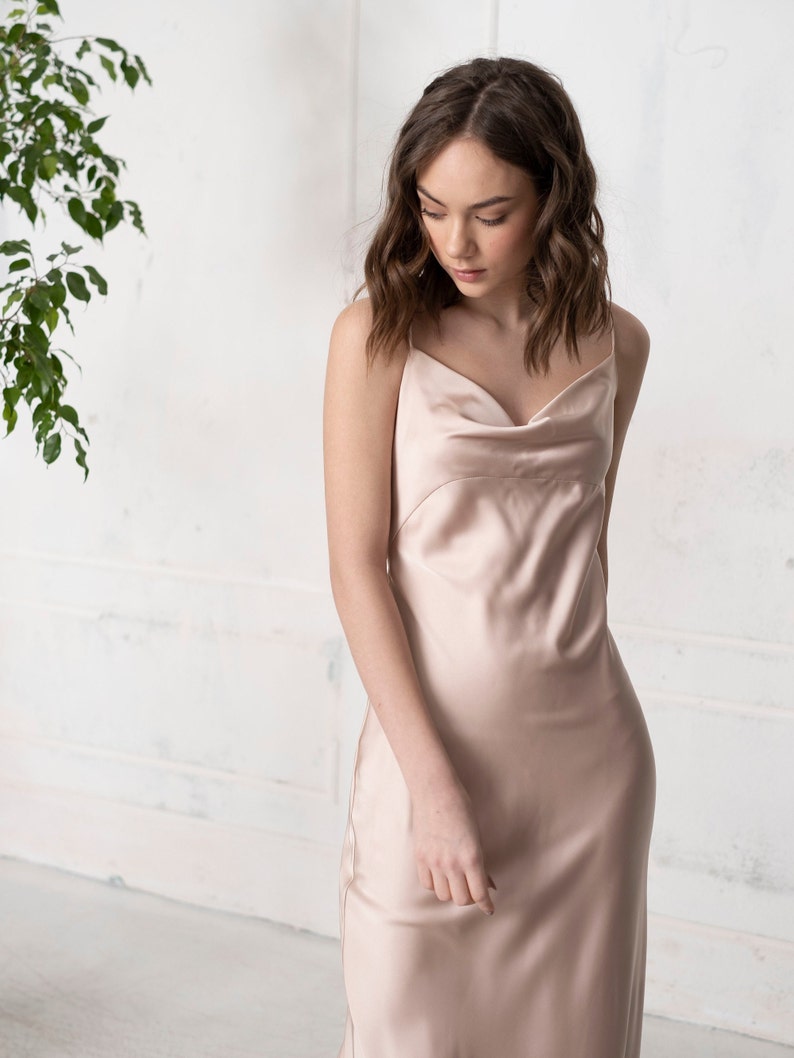 Bridesmaids champagne slip dress. Cocktail satin slip dress. Prom sexy slip dress. Cowl neck dress. Bridesmaids Dress. image 2