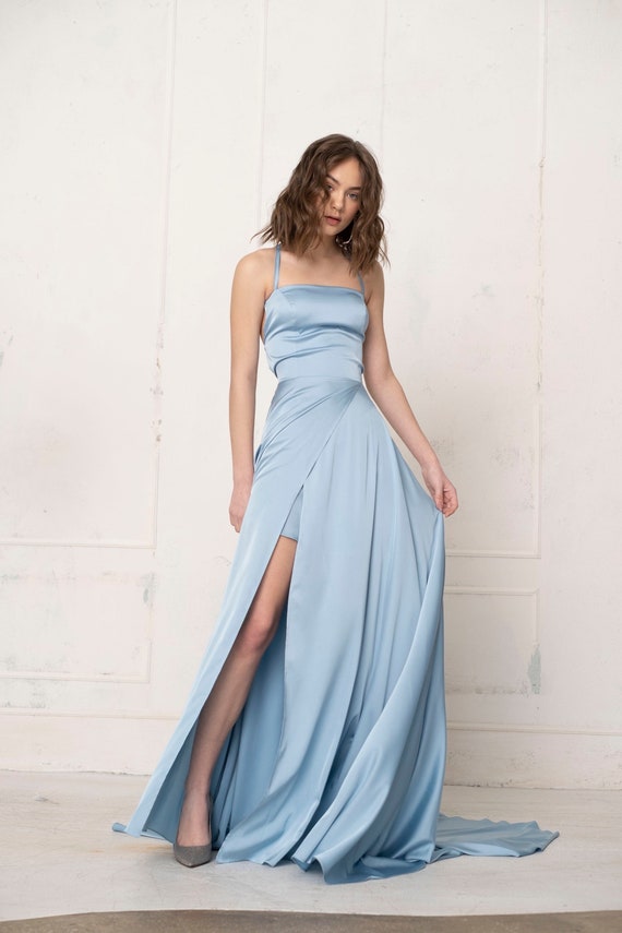 Prom Dress With a Slit in Blue Bell. Flare Satin Slip Dress With a Slit.  Bridesmaids Slip Dress. Open Back Slip Dress. -  Canada