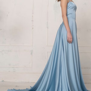 Prom dress with a slit in blue bell. Flare satin slip dress with a slit. Bridesmaids slip dress. Open back slip dress. image 2