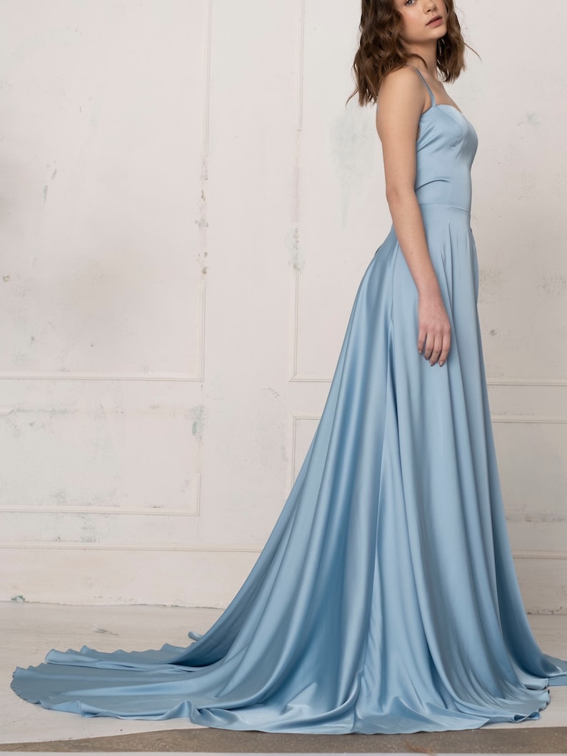 Prom dress with a slit in blue bell. Flare satin slip dress with a slit. Bridesmaids slip dress. Open back slip dress. image 2