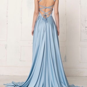 Prom dress with a slit in blue bell. Flare satin slip dress with a slit. Bridesmaids slip dress. Open back slip dress. image 4