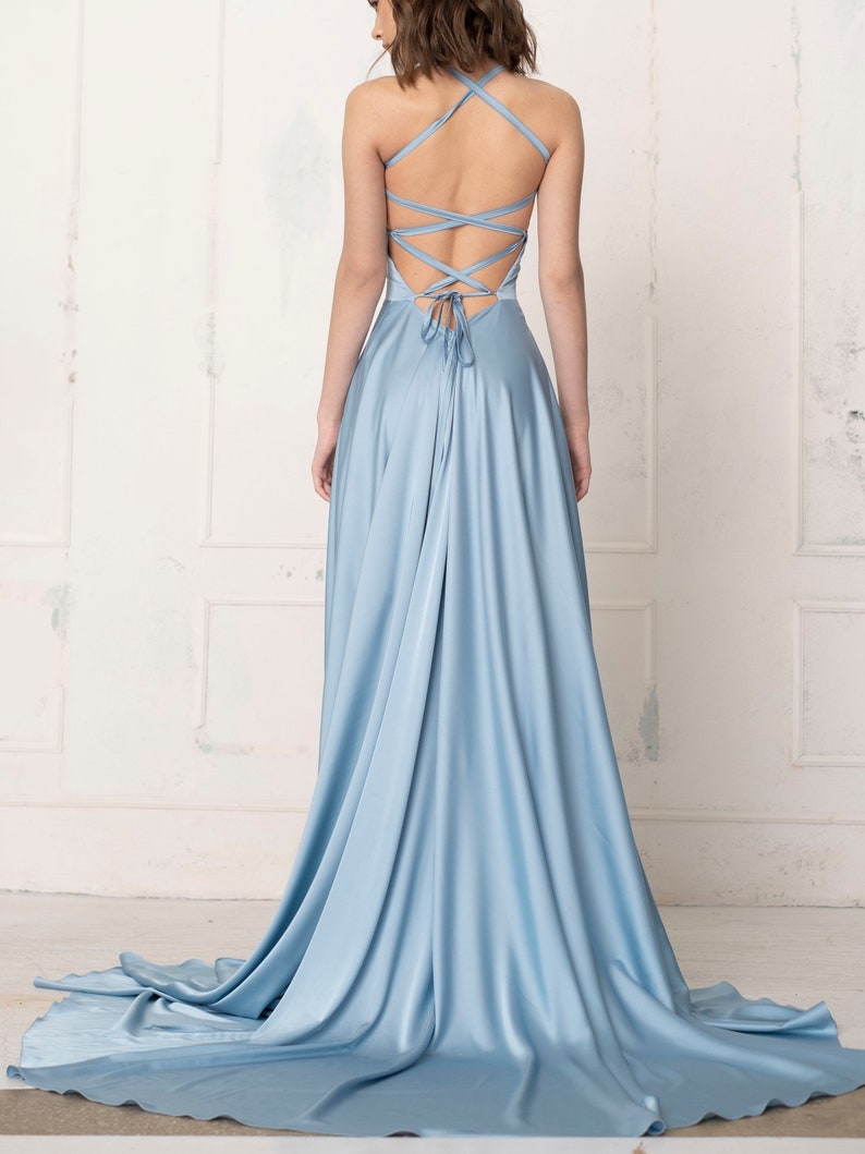 Prom dress with a slit in blue bell. Flare satin slip dress with a slit. Bridesmaids slip dress. Open back slip dress. image 4