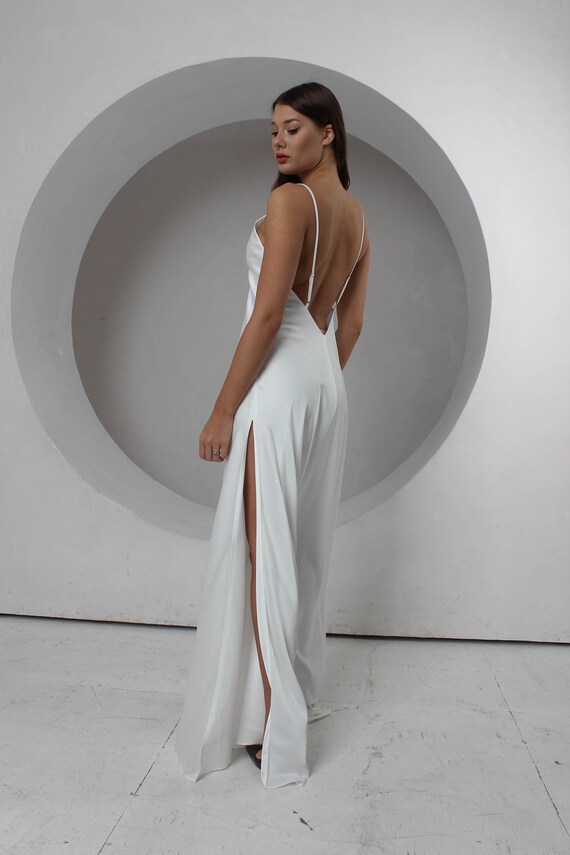 Simple Wedding Ivory Dress With a Slit Open Back Beach Cocktail Dress With  V-neckline Minimalist Wedding Dress With a Slit and Straps