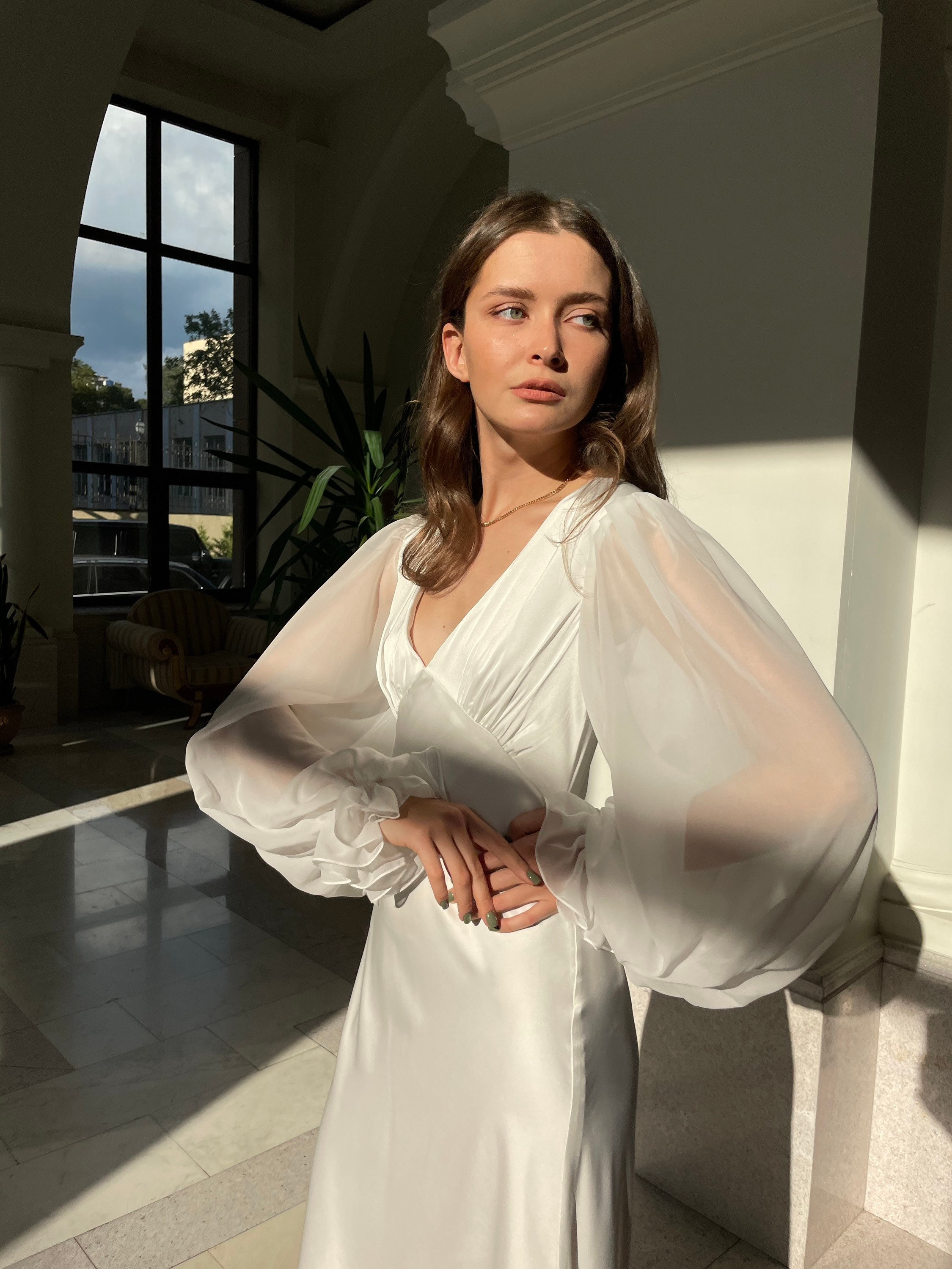Simple wedding dress with long sleeve. Cottagecore wedding dress in ivory. Minimalist bridesmaids dress. Long sleeve maxi wedding dress