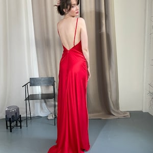 Simple wedding dress Slip prom dress with slit Beach wedding dress with train V-neck silk dress Red Gown Cocktail Long dress with straps