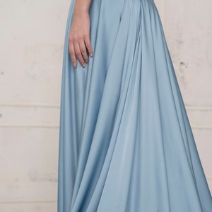 Prom dress with a slit in blue bell. Flare satin slip dress with a slit. Bridesmaids slip dress. Open back slip dress. image 6
