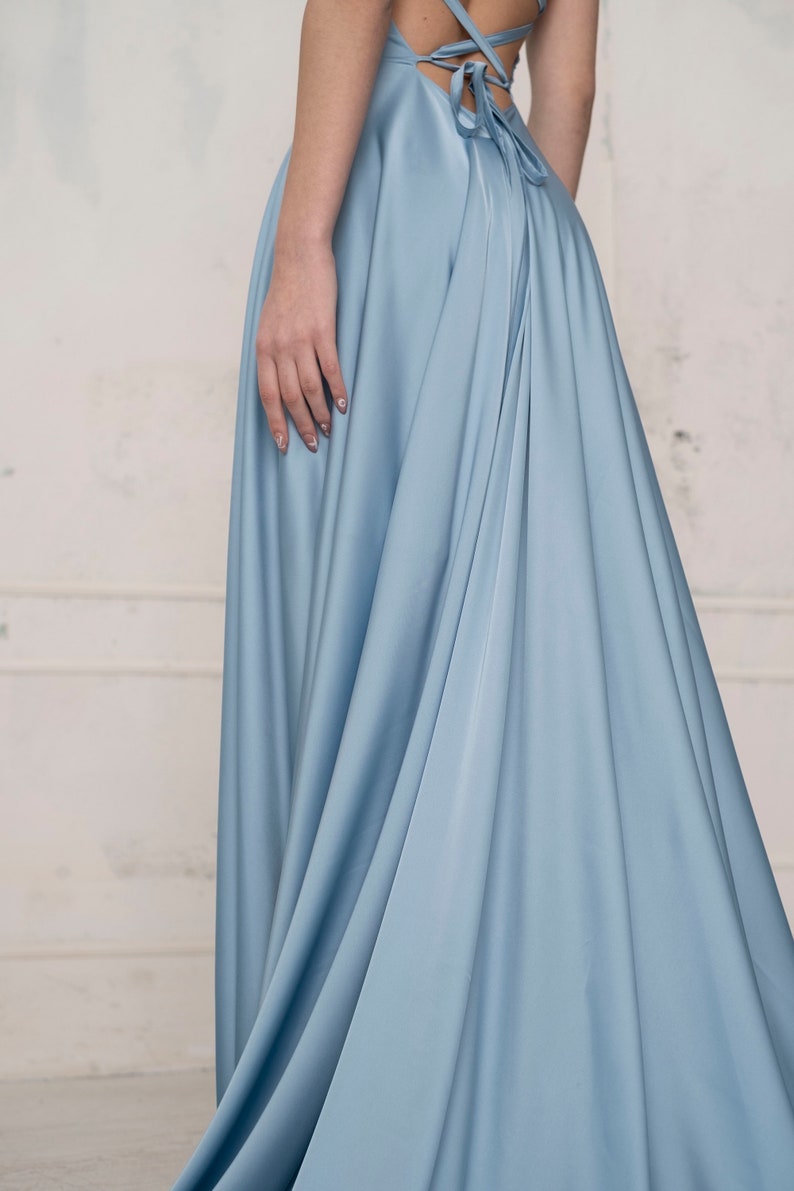 Prom dress with a slit in blue bell. Flare satin slip dress with a slit. Bridesmaids slip dress. Open back slip dress. image 6