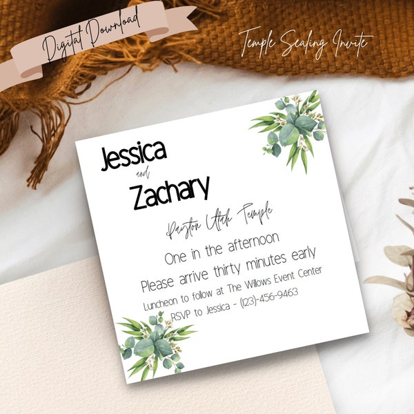 Temple Sealing Invite Card, LDS Temple Wedding Insert Template, Greenery Wedding Announcement, Digital Download
