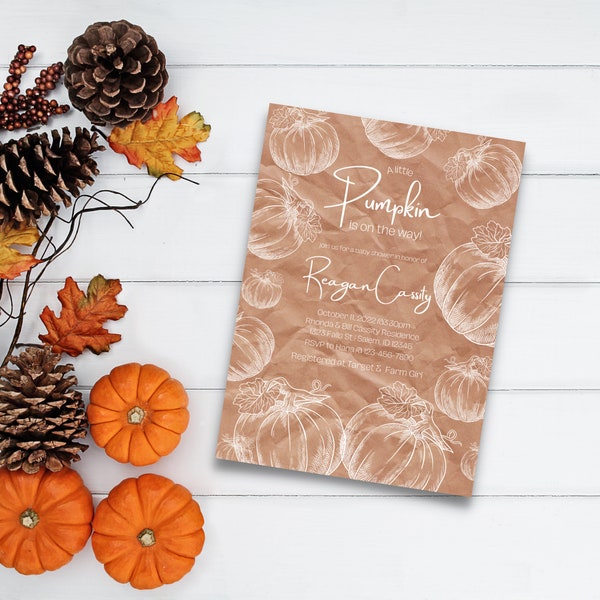 White pumpkin fall/harvest baby shower invitation, Canva template, baby neutral invite, brown and white 5x7 flat