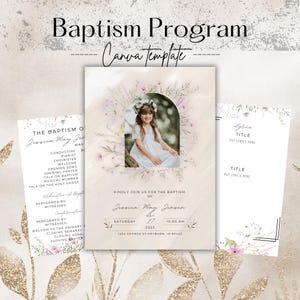 May include: Baptism program Canva template. The design features a central invitation with a photo of a girl, surrounded by floral accents. Additional cards display event details and lyrics. The color palette includes soft pinks, whites, and gold.