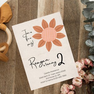 Girls Second Boho Flower Birthday Invitation, Pink and Brown Vertical Card, Invitation Template