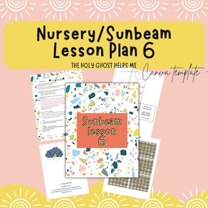Może przedstawiać: Zestaw wydrukowanych stron z planami lekcji z tekstem "Nursery/Sunbeam Lesson Plan 6" i "The Holy Ghost Helps Me". Główna strona ma kolorowy wzór terrazzo i słowa "Sunbeam lesson 6".