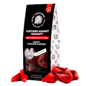 May include: A black and white bag of fortune cookies with the text "Miss Fortunes" and "Fortunes Against Humanity" on the front. The bag contains 12 fortune cookies and has a net weight of 3.9 ounces or 110 grams. The cookies are red and are arranged in a heart shape.